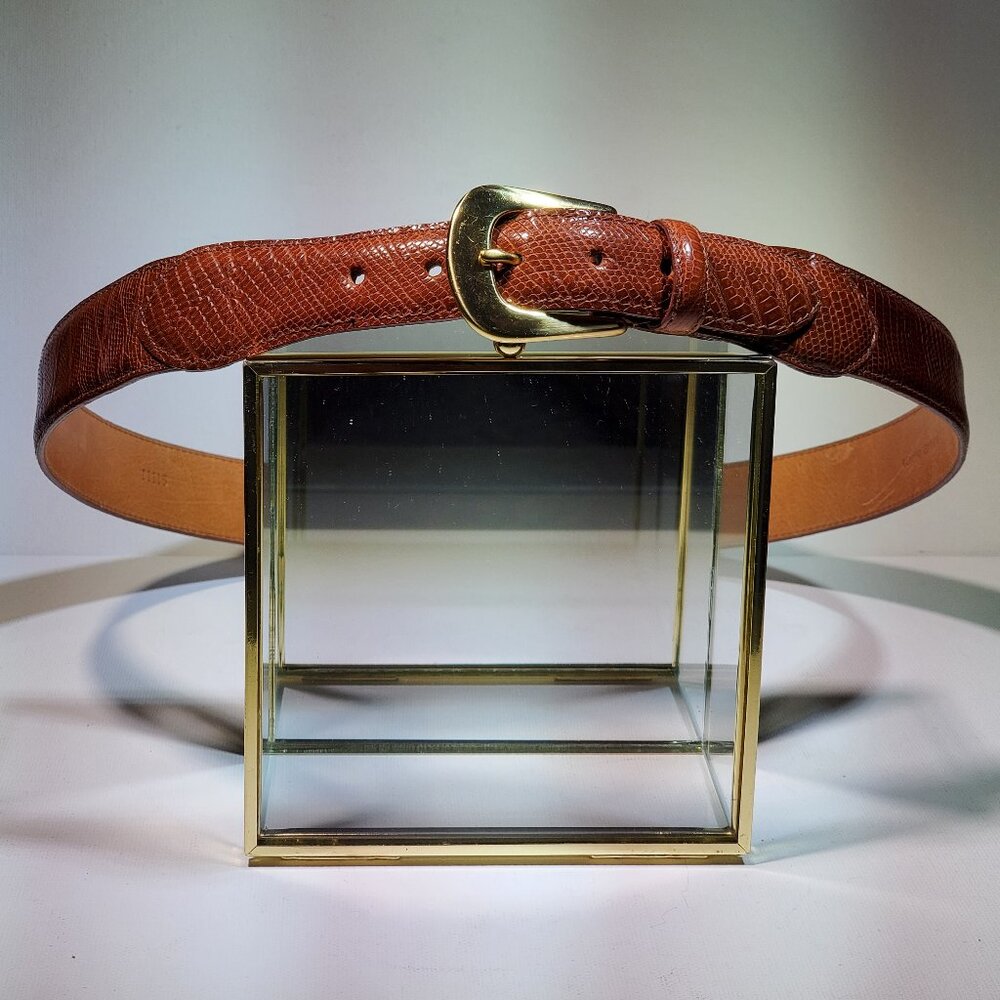 VINTAGE CAMPAIGN MENS LIZZARD SKIN LEATHER BELT...COGNAC...SOLID BRASS BUCKLE